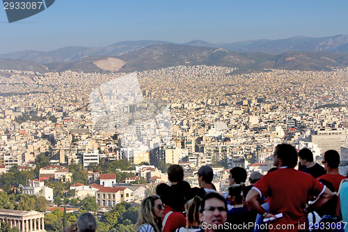 Image of Tourists watching city panorama of Athens 