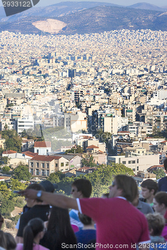 Image of Tourists watching city panorama of Athens in Greece