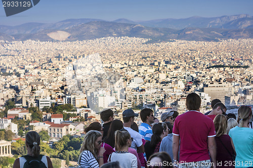 Image of Tourists watching panorama of Athens in Greece