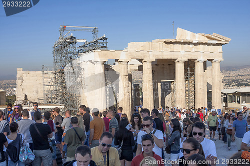 Image of Tourists sightseeing Temple of Athena Nike in Greece
