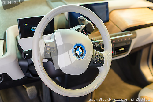 Image of White interior of eco-friendly full-time electric car BMW i3