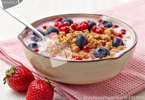 Image of Healthy breakfast. Yogurt with granola and berries