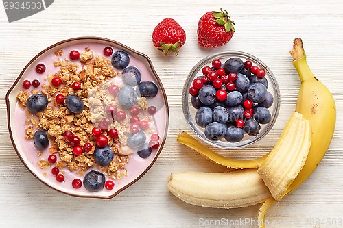 Image of Healthy breakfast. Yogurt with granola and berries