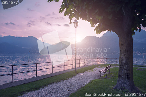 Image of View of Como lake on sunset in Bellagio, Italy