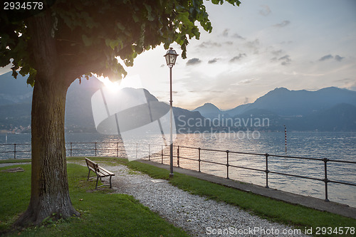 Image of View of Como lake on sunset in Bellagio, Italy