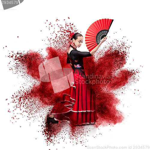 Image of young woman dancing flamenco against explosion