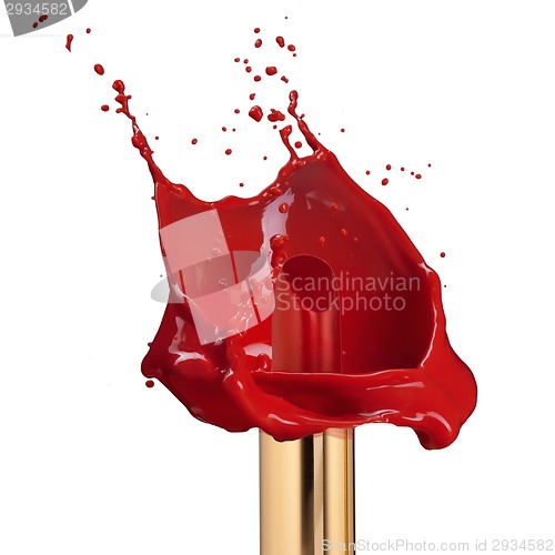 Image of Red lipstick with splash of paint isolated