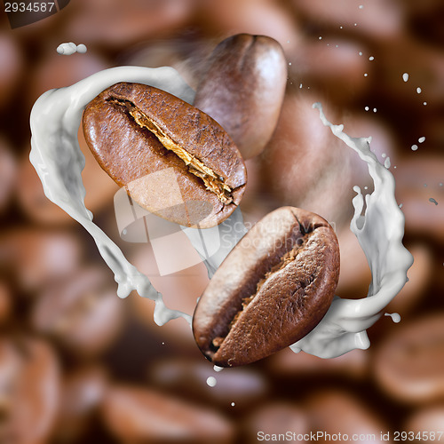 Image of Falling roasted coffee beans with steam and milk