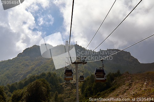 Image of closed chair lifts moving in the mountains