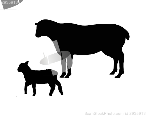 Image of The black silhouettes of a sheep and a lamb on white