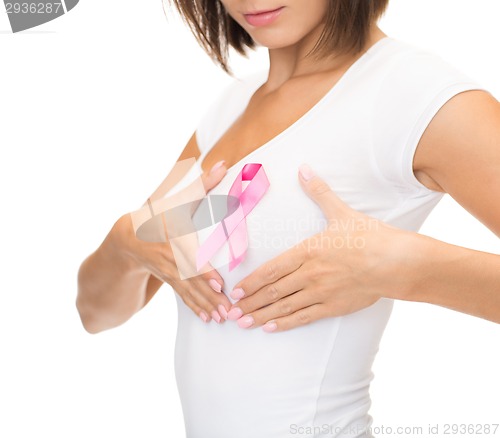 Image of woman with pink cancer awareness ribbon