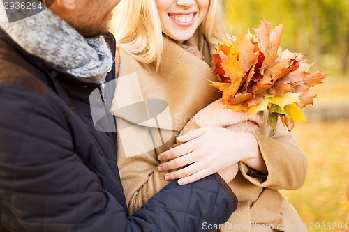 Image of close up of smiling couple hugging in autumn park