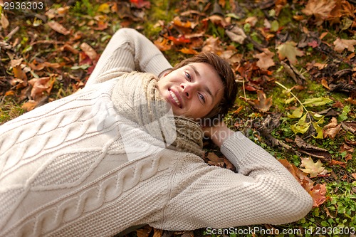 Image of close up of smiling young man lying in autumn park