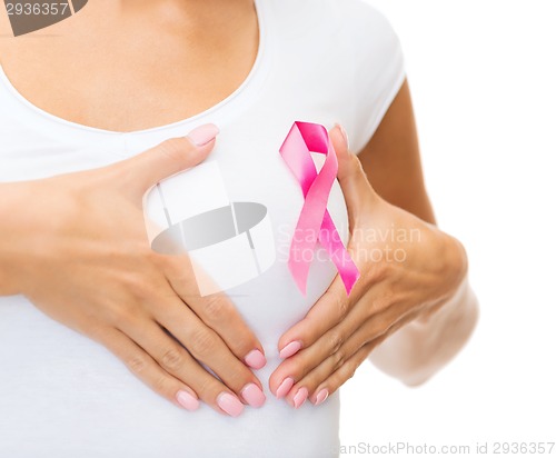 Image of woman with pink cancer awareness ribbon