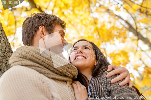 Image of smiling couple hugging in autumn park