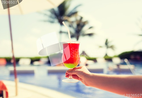 Image of close-up of hand holding glass with cocktail