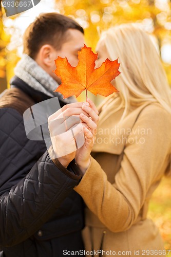 Image of close up of couple kissing in autumn park