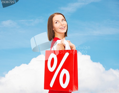 Image of woman in red dress with shopping bags
