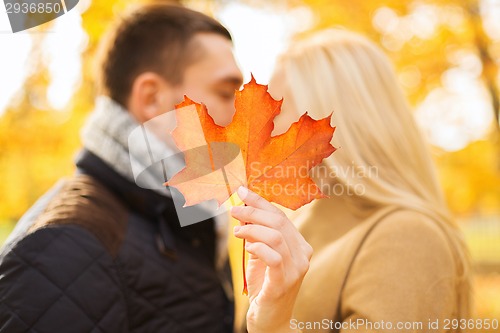 Image of close up of couple kissing in autumn park