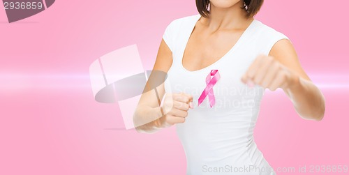 Image of woman with pink cancer awareness ribbon