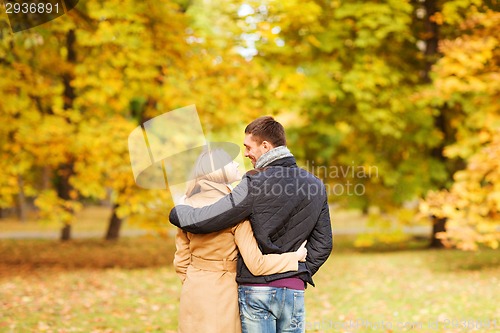 Image of smiling couple hugging in autumn park from back