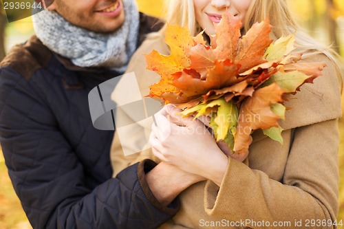 Image of close up of smiling couple hugging in autumn park