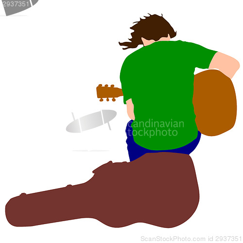 Image of Silhouette musician guitar player sitting on the case. Vector il