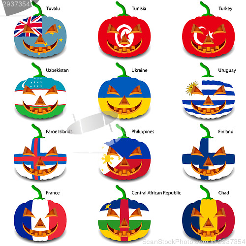 Image of Set pumpkins for Halloween as a flags of the world. Vector illus