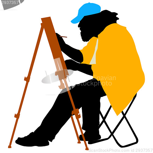 Image of Silhouette, artist at work on a white background, vector illustr