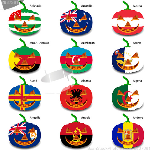 Image of Set pumpkins for Halloween as a flags of the world. Vector illus