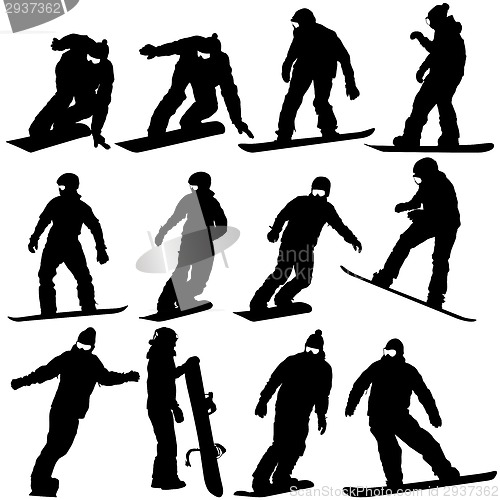 Image of Black silhouettes set snowboarders on white background. Vector i