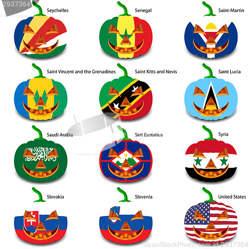 Image of Set pumpkins for Halloween as a flags of the world. Vector illus