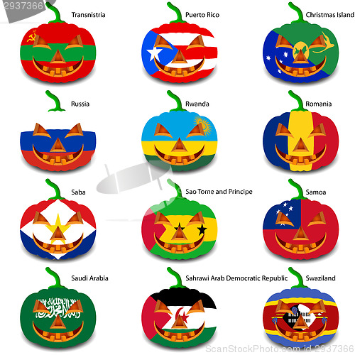 Image of Set pumpkins for Halloween as a flags of the world. Vector illus