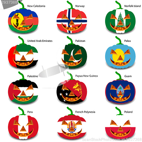 Image of Set pumpkins for Halloween as a flags of the world. Vector illus