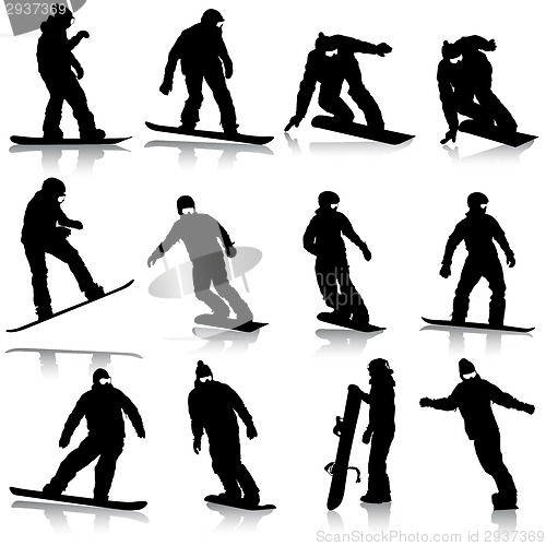 Image of Black silhouettes set snowboarders on white background. Vector i