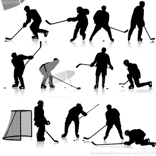 Image of Set of silhouettes of hockey player. Isolated on white. illustra