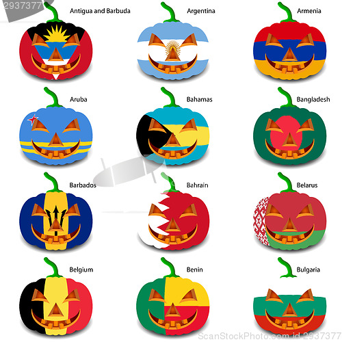 Image of Set pumpkins for Halloween as a flags of the world. Vector illus