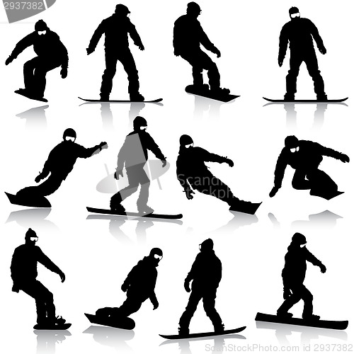 Image of Black silhouettes set snowboarders on white background. Vector i