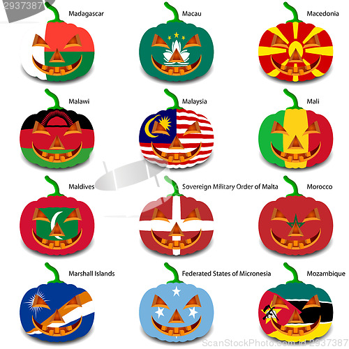 Image of Set pumpkins for Halloween as a flags of the world. Vector illus