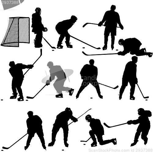 Image of Set of silhouettes of hockey player. Isolated on white. illustra