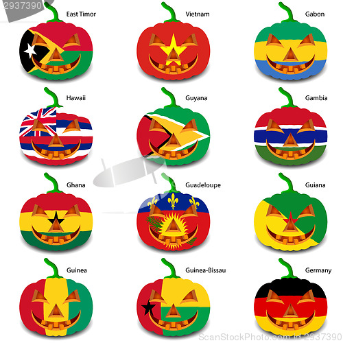 Image of Set pumpkins for Halloween as a flags of the world. Vector illus