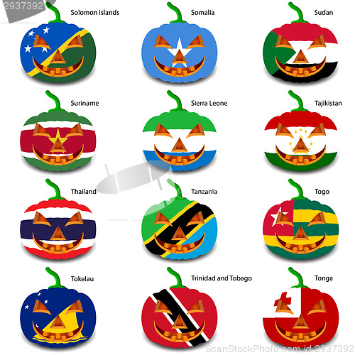 Image of Set pumpkins for Halloween as a flags of the world. Vector illus