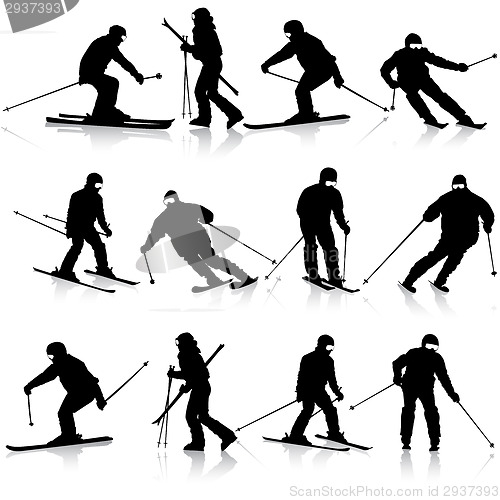 Image of Mountain skier  man speeding down slope. Vector sport silhouette