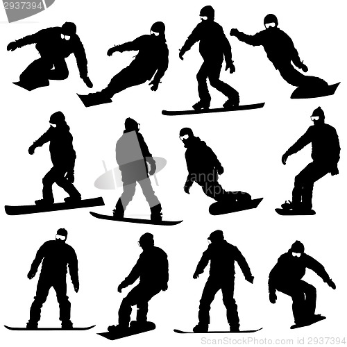 Image of Black silhouettes set snowboarders on white background. Vector i