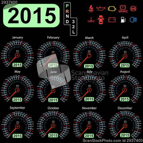 Image of 2015 year calendar speedometer car in vector.