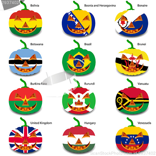 Image of Set pumpkins for Halloween as a flags of the world. Vector illus