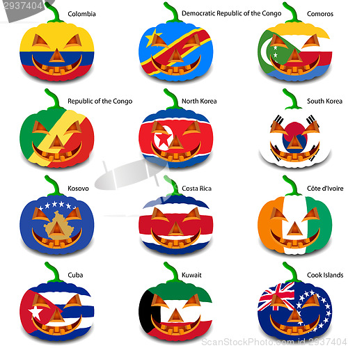 Image of Set pumpkins for Halloween as a flags of the world. Vector illus