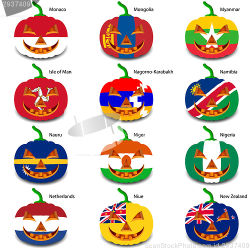 Image of Set pumpkins for Halloween as a flags of the world. Vector illus