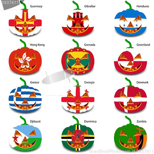 Image of Set pumpkins for Halloween as a flags of the world. Vector illus