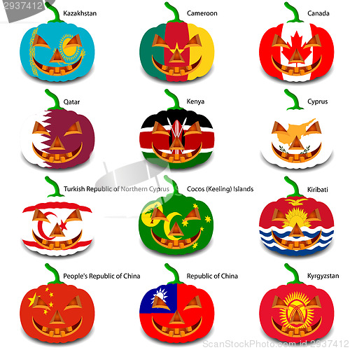 Image of Set pumpkins for Halloween as a flags of the world. Vector illus